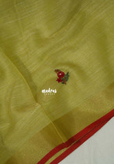 Creamy Meghndi Green-D3 - Artisan Crafeted Soft Tissue linen Saree with Intricate Hand Embroidered French Knot Work