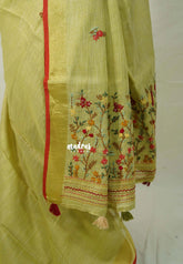 Creamy Meghndi Green-D3 - Artisan Crafeted Soft Tissue linen Saree with Intricate Hand Embroidered French Knot Work