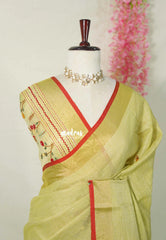 Creamy Meghndi Green-D3 - Artisan Crafeted Soft Tissue linen Saree with Intricate Hand Embroidered French Knot Work