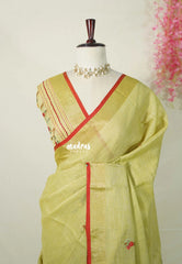 Creamy Meghndi Green-D3 - Artisan Crafeted Soft Tissue linen Saree with Intricate Hand Embroidered French Knot Work