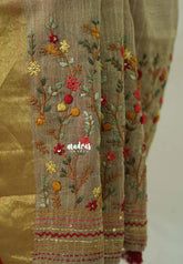 French Beige-D3 - Artisan Crafeted Soft Tissue linen Saree with Intricate Hand Embroidered French Knot Work
