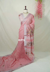 Soft Peach Pink - Artisan Crafeted Soft Tissue linen Saree with Checks and Intricate Hand Embroidered French Knot Work