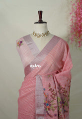 Soft Peach Pink - Artisan Crafeted Soft Tissue linen Saree with Checks and Intricate Hand Embroidered French Knot Work