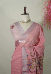 Soft Peach Pink - Artisan Crafeted Soft Tissue linen Saree with Checks and Intricate Hand Embroidered French Knot Work