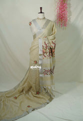 Muted Beige - Artisan Crafeted Soft Tissue linen Saree with Checks and Intricate Hand Embroidered French Knot Work