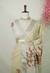 Muted Beige - Artisan Crafeted Soft Tissue linen Saree with Checks and Intricate Hand Embroidered French Knot Work