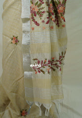 Muted Beige - Artisan Crafeted Soft Tissue linen Saree with Checks and Intricate Hand Embroidered French Knot Work