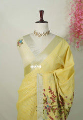 Light Canary Yellow - Artisan Crafeted Soft Tissue linen Saree with Checks and Intricate Hand Embroidered French Knot Work