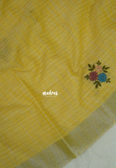 Light Canary Yellow - Artisan Crafeted Soft Tissue linen Saree with Checks and Intricate Hand Embroidered French Knot Work