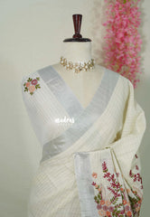 Creamy Ivory - Artisan Crafeted Soft Tissue linen Saree with Checks and Intricate Hand Embroidered French Knot Work