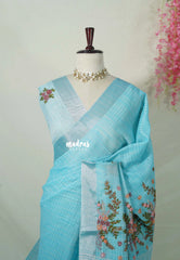 Melody Sky Blue - Artisan Crafeted Soft Tissue linen Saree with Checks and Intricate Hand Embroidered French Knot Work