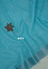 Melody Sky Blue - Artisan Crafeted Soft Tissue linen Saree with Checks and Intricate Hand Embroidered French Knot Work