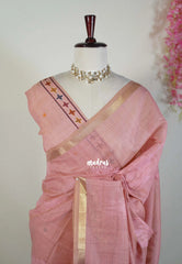 Muted Blush Pink - Artisan Crafted Soft Jute Linen with Ikkat Weaving Pallu - Best for Office Wear | Casual Wear
