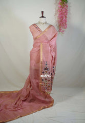 Muted Blush Pink - Artisan Crafted Soft Jute Linen with Ikkat Weaving Pallu - Best for Office Wear | Casual Wear