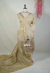 Sandal Beige - Artisan Crafted Soft Jute Linen with Ikkat Weaving Pallu - Best for Office Wear | Casual Wear