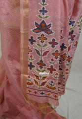 Muted Blush Pink - Artisan Crafted Soft Jute Linen with Ikkat Weaving Pallu - Best for Office Wear | Casual Wear