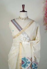Muted Beige with Teal - Artisan Crafted Soft Jute Linen with Intrigate Ikkat Weaving Pallu - Best for Office Wear | Casual Wear