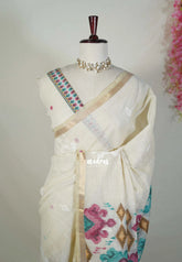 Muted Beige with Pink - Artisan Crafted Soft Jute Linen with Intrigate Ikkat Weaving Pallu - Best for Office Wear | Casual Wear