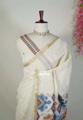 Muted Beige with Greyish Blue - Artisan Crafted Soft Jute Linen with Intrigate Ikkat Weaving Pallu - Best for Office Wear | Casual Wear