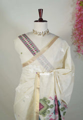 Muted Beige with Olive Green - Artisan Crafted Soft Jute Linen with Intrigate Ikkat Weaving Pallu - Best for Office Wear | Casual Wear