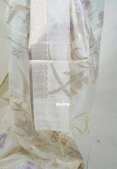 Creamy Ivory & Lilac- Artisan Crafted Soft Jute Linen with Beads Stitching Buttas - Best for Pooja Wear | Diwali Function