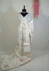Creamy Ivory & Rust Peach - Artisan Crafted Soft Jute Linen with Beads Stitching Buttas - Best for Pooja Wear | Diwali Function