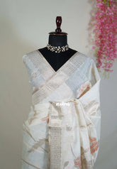 Creamy Ivory & Rust Peach - Artisan Crafted Soft Jute Linen with Beads Stitching Buttas - Best for Pooja Wear | Diwali Function