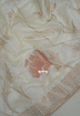 Creamy Ivory & Rust Peach - Artisan Crafted Soft Jute Linen with Beads Stitching Buttas - Best for Pooja Wear | Diwali Function