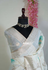 Creamy Ivory & Turquoise Blue - Artisan Crafted Soft Jute Linen with Beads Stitching Buttas - Best for Pooja Wear | Diwali Function