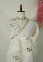 Creamy Ivory with Green - Artisan Crafted Soft Tissue Linen Saree with Intricate Hand Embroidered French Knot Work
