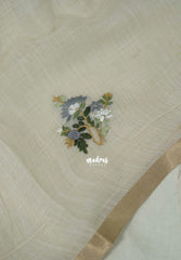 Creamy Ivory with Green - Artisan Crafted Soft Tissue Linen Saree with Intricate Hand Embroidered French Knot Work