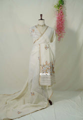 Creamy Ivory with Rust Peach - Artisan Crafted Soft Tissue Linen Saree with Intricate Hand Embroidered French Knot Work
