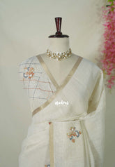 Creamy Ivory with Rust Peach - Artisan Crafted Soft Tissue Linen Saree with Intricate Hand Embroidered French Knot Work