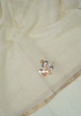 Creamy Ivory with Rust Peach - Artisan Crafted Soft Tissue Linen Saree with Intricate Hand Embroidered French Knot Work
