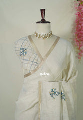 Creamy Ivory with Greyish Blue - Artisan Crafted Soft Tissue Linen Saree with Intricate Hand Embroidered French Knot Work