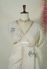 Creamy Ivory with Greyish Blue - Artisan Crafted Soft Tissue Linen Saree with Intricate Hand Embroidered French Knot Work