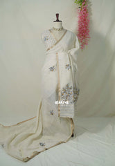 Creamy Ivory with Grey - Artisan Crafted Soft Tissue Linen Saree with Intricate Hand Embroidered French Knot Work