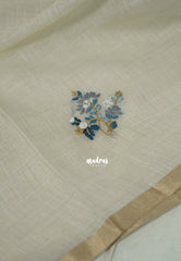 Creamy Ivory with Greyish Blue - Artisan Crafted Soft Tissue Linen Saree with Intricate Hand Embroidered French Knot Work