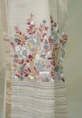 Creamy Ivory with Onion Pink - Artisan Crafted Soft Tissue Linen Saree with Intricate Hand Embroidered French Knot Work