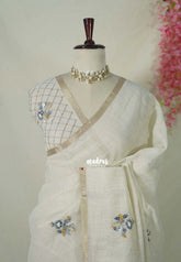 Creamy Ivory with Grey - Artisan Crafted Soft Tissue Linen Saree with Intricate Hand Embroidered French Knot Work