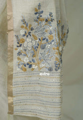 Creamy Ivory with Grey - Artisan Crafted Soft Tissue Linen Saree with Intricate Hand Embroidered French Knot Work