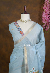 Greyish Blue - Artisan Crafted Soft Jute Linen with Bomkai Ikkat Weaving Pallu - Best for Office Wear | Casual Wear