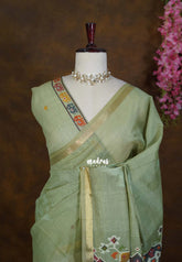 Minted Sage Green - Artisan Crafted Soft Jute Linen with Bomkai Ikkat Weaving Pallu - Best for Office Wear | Casual Wear