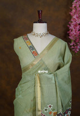 Minted Sage Green - Artisan Crafted Soft Jute Linen with Bomkai Ikkat Weaving Pallu - Best for Office Wear | Casual Wear