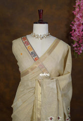 Creamy Muted Beige - Artisan Crafted Soft Jute Linen with Bomkai Ikkat Weaving Pallu - Best for Office Wear | Casual Wear