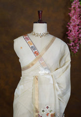 Creamy Beige - Artisan Crafted Soft Jute Linen with Bomkai Ikkat Weaving Pallu - Best for Office Wear | Casual Wear