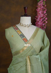 Minted Sage Green - Artisan Crafted Soft Jute Linen with Bomkai Ikkat Weaving Pallu - Best for Office Wear | Casual Wear