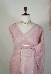 Muted Blush Pink - Pragathi - Artisanal Kantha Stitch Handwork Linen Cotton Saree - Perfect for Office Wear | Summer wear | Casual Wear