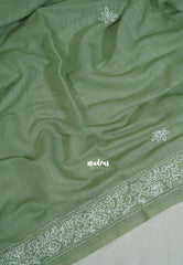 Creamy Green - Pragathi - Artisanal Kantha Stitch Handwork Linen Cotton Saree - Perfect for Office Wear | Summer wear | Casual Wear