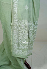 Creamy Green - Pragathi - Artisanal Kantha Stitch Handwork Linen Cotton Saree - Perfect for Office Wear | Summer wear | Casual Wear